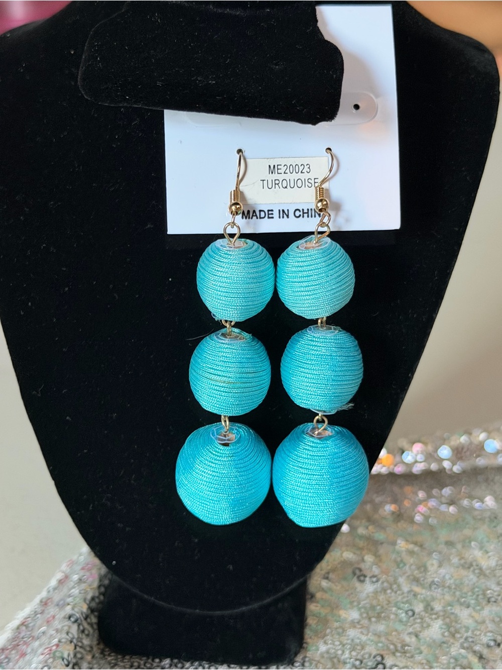 Turquoise Triple Bead Dangle Earrings - Unbranded